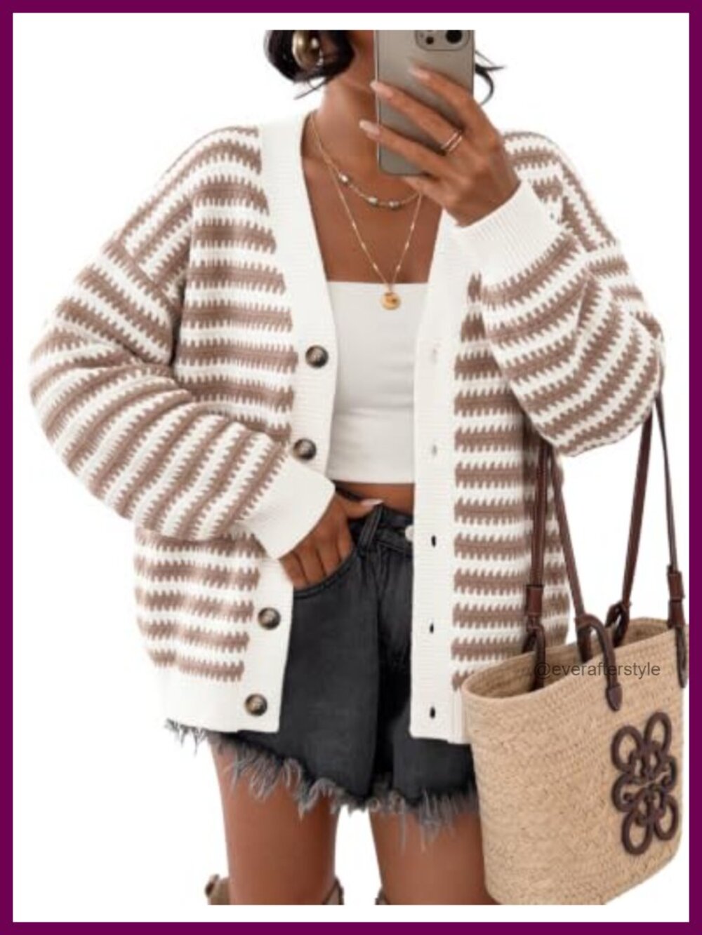 Striped Button Up Cardigan V Neck Knit Sweater Top